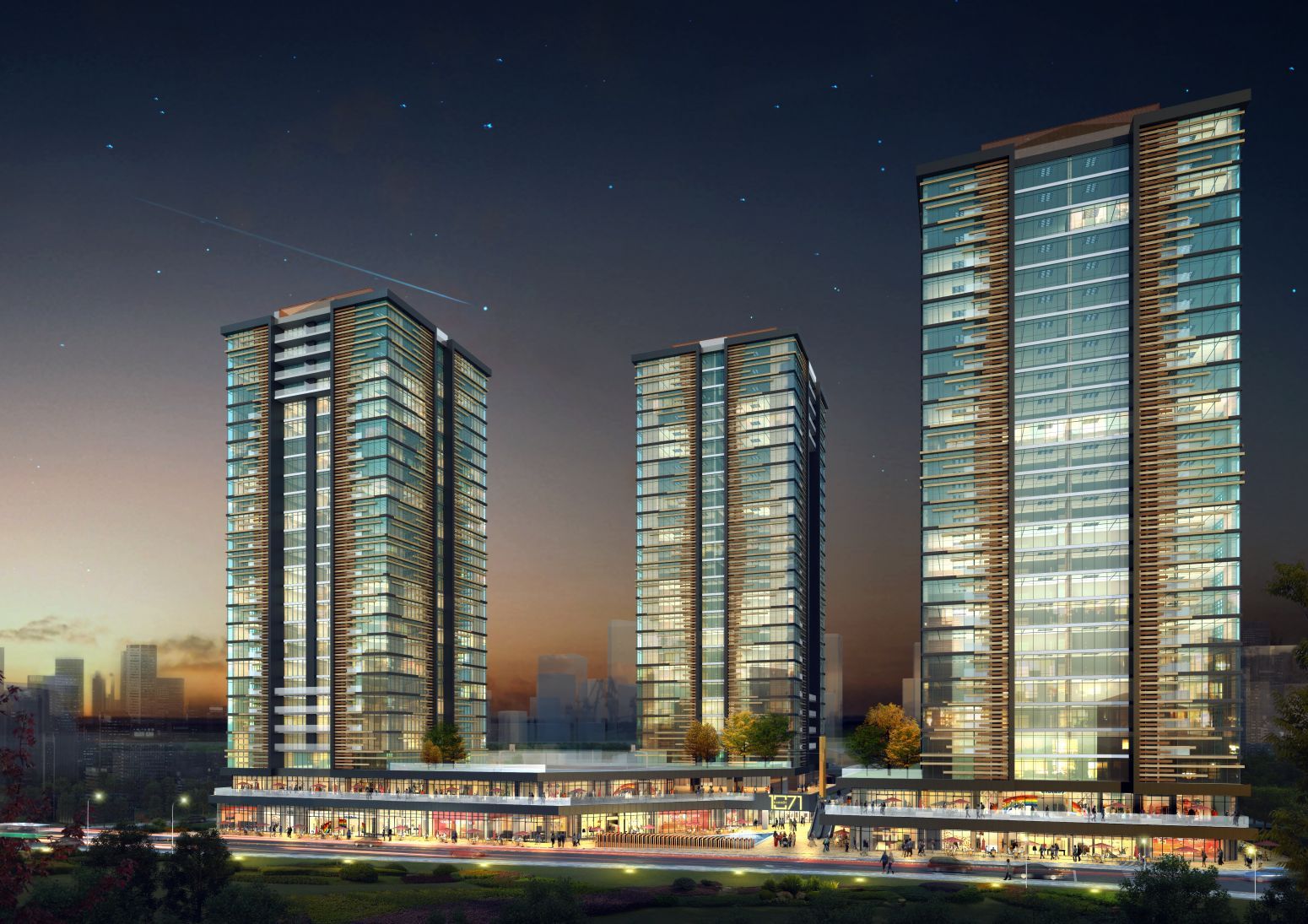 Gece aydınlatmalı modern toplu yapı ve yaşam kompleksi
